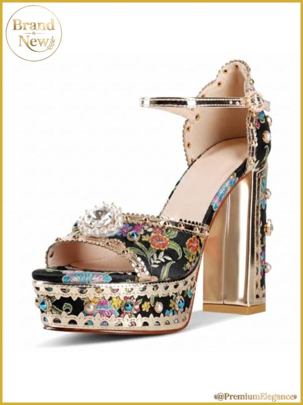 Platform Heels Rhinestone Ankle Strap Open Toe Chunky Block High Heel Sandals
